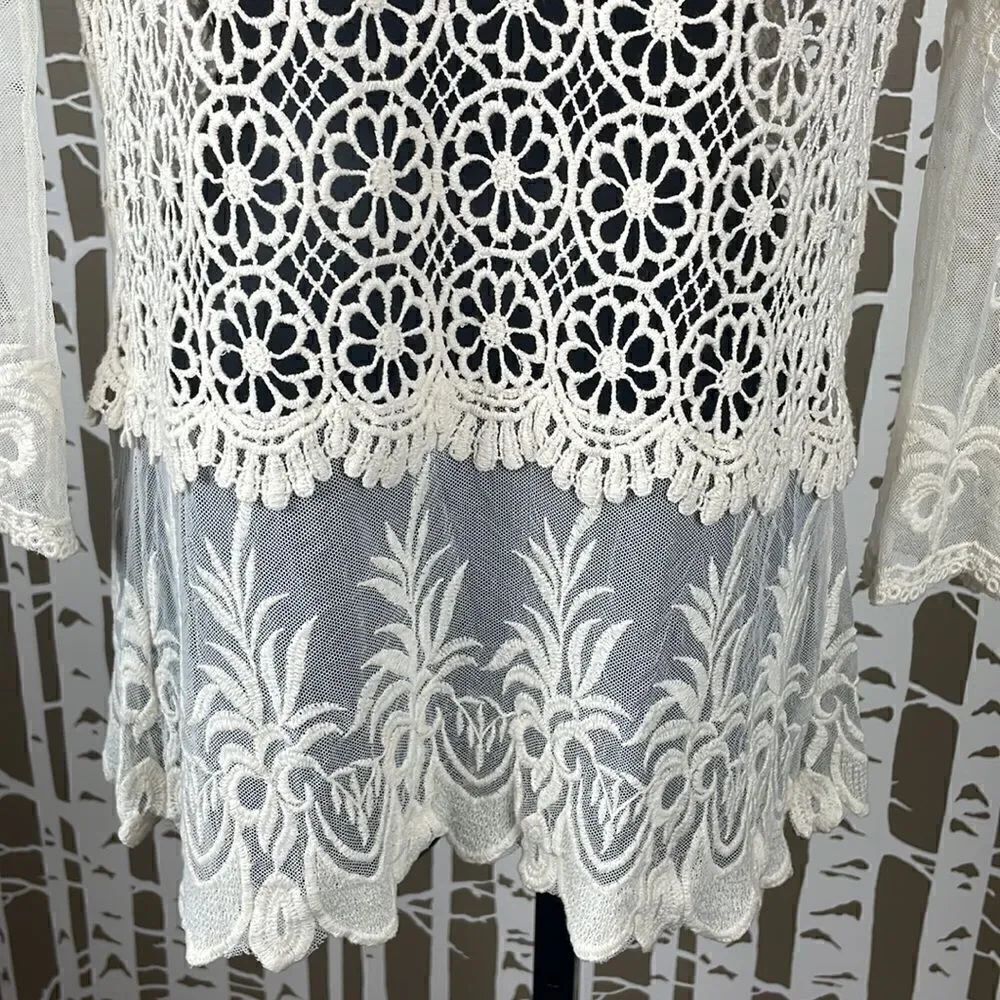 Boho Embroidered Lace & Mesh 3/4 Sleeve Top - Picture 3 of 14